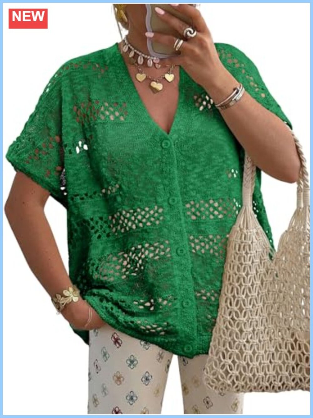 Crochet Knit Open Front Cardigan Short Sleeve V-Neck Button Sweater